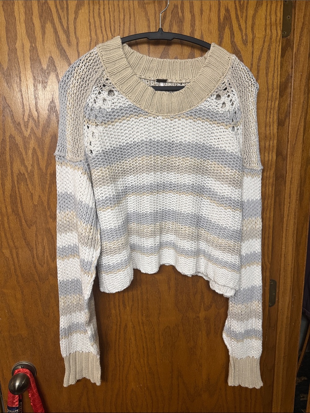 Free People Striped Open-Knit Crewneck Sweater - Beige & Light Gray